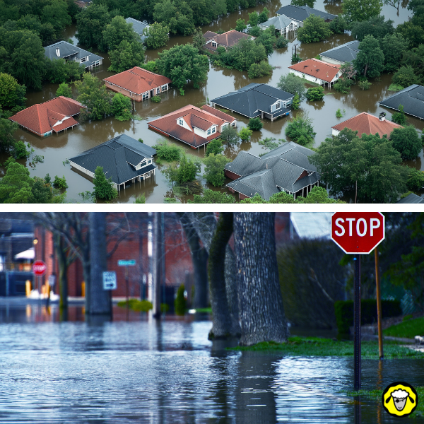 Maisons et rues submergées par une inondation, illustrant les risques de crue et de rupture de normalité en zone urbaine.
