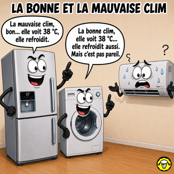 BD montrant un réfrigérateur, un lave-linge et une climatisation avec visages, parlant de refroidir à 38 degrés