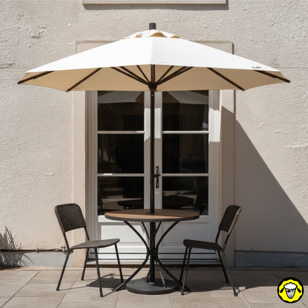 Parasol installé devant une baie vitrée pour apporter de l’ombre à la façade