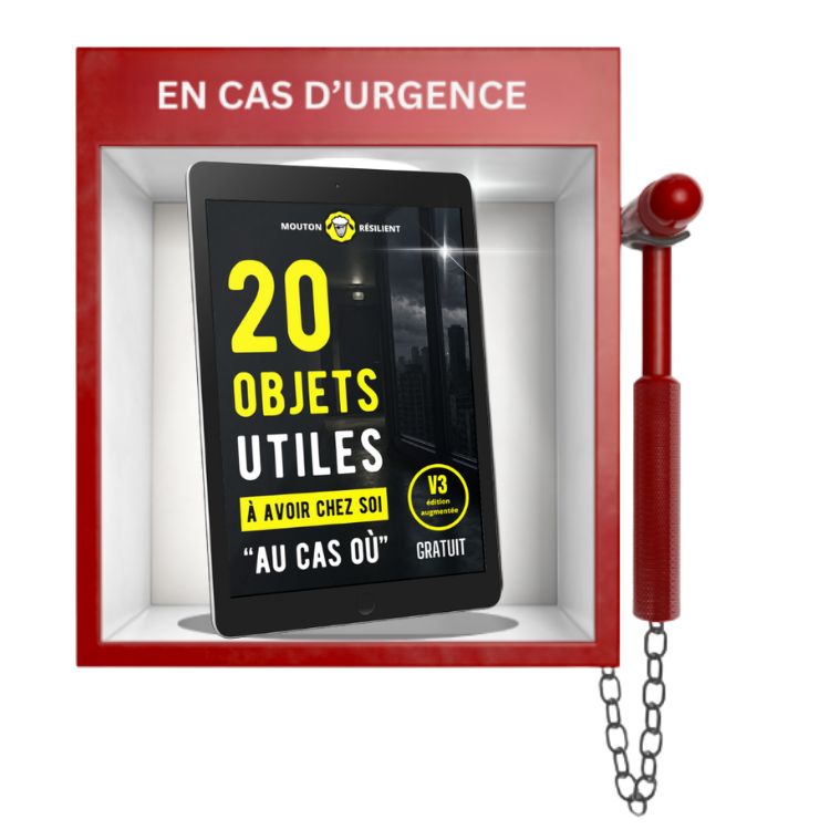 Pdf gratuit de survie urbaine "les 20 objets utiles à avoir chez soi au cas où" de Mouton-Résilient, présenté à l'intérieur d'une boite rouge munie d'un marteau brise vitre: "en cas d'urgence"