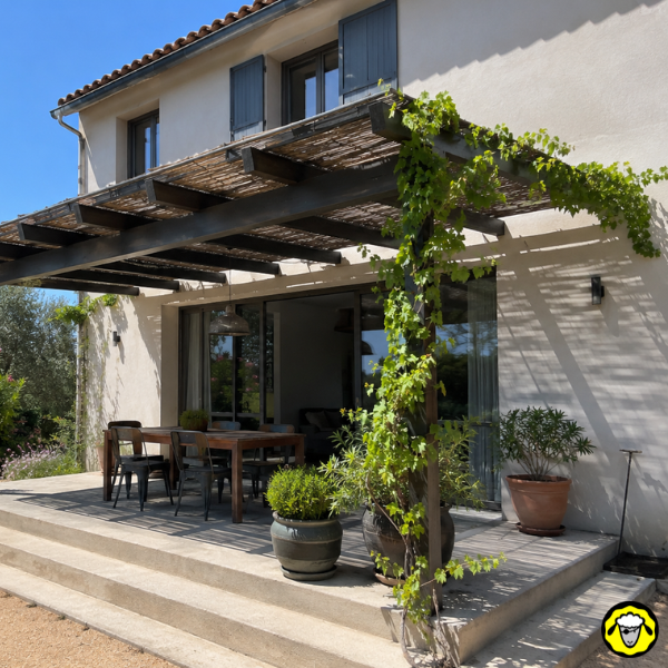 Pergola en bois et métal couvrant une terrasse devant une façade de maison, avec plantes grimpantes