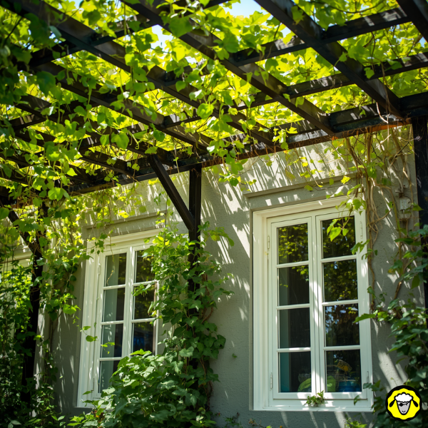 Plante grimpante couvrant une pergola au-dessus de deux fenêtres d une maison