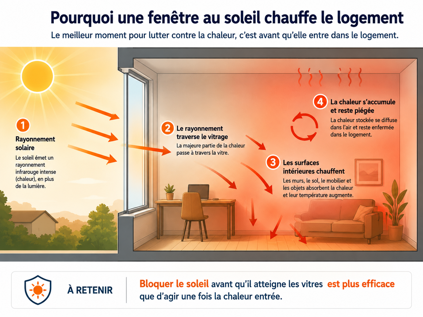 Comment une fenêtre au soleil chauffe le logement Infographie montrant comment le rayonnement solaire traverse une fenêtre et réchauffe l’intérieur d’un logement
