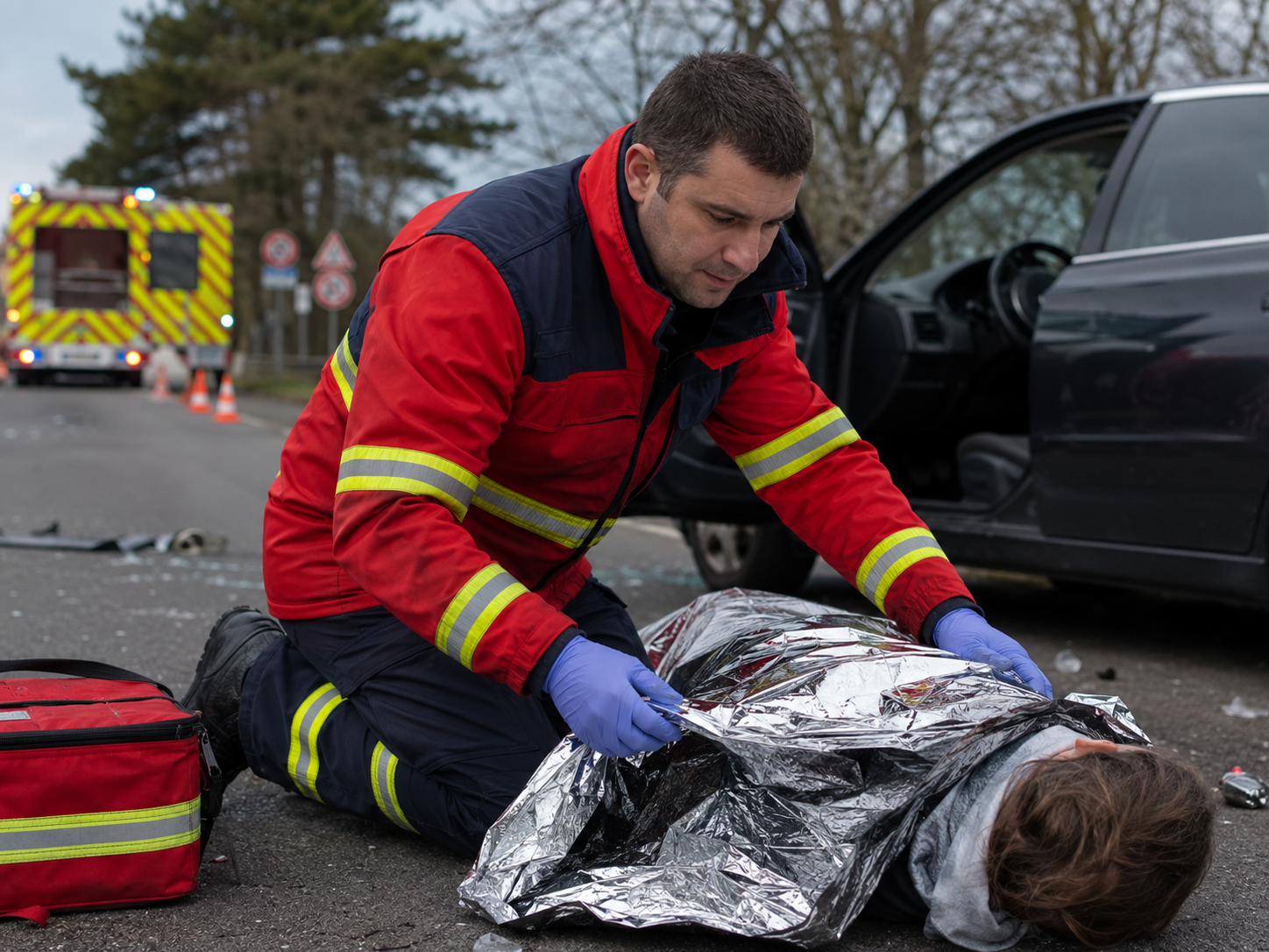 Sapeur-pompier couvrant une victime avec une couverture de survie après un accident de voiture pour limiter l’hypothermie.