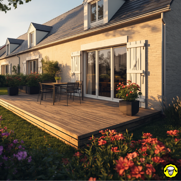 Terrasse en bois devant une maison, avec table, chaises et plantes en pot au soleil