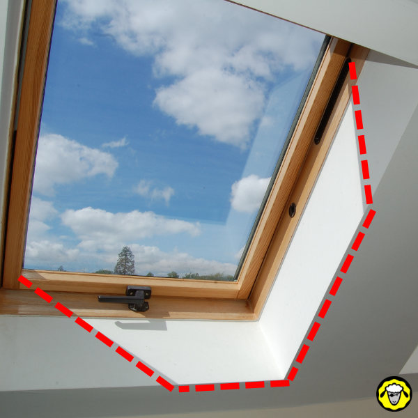 Fenetre de toit avec ciel bleu et zone de rayonnement direct en pointillés rouges Fenetre de toit avec ciel bleu et contours rouges en pointilles montrant la zone de rayonnement direct