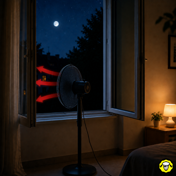 Un ventilateur placé devant une fenêtre ouverte souffle l’air chaud vers l’extérieur pendant la nuit.