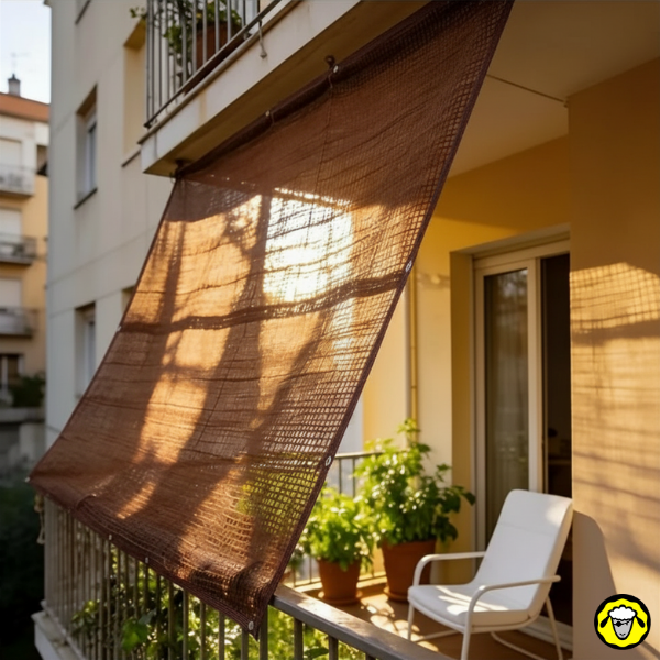 Voile d ombrage brun tendu sur un balcon pour filtrer le soleil de fin de journée