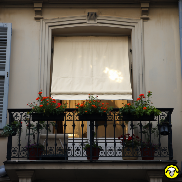 Voile enroulé devant une fenêtre de balcon avec des jardinières de fleurs