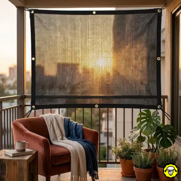 Voile d’ombrage noir installée sur un balcon pour filtrer le soleil