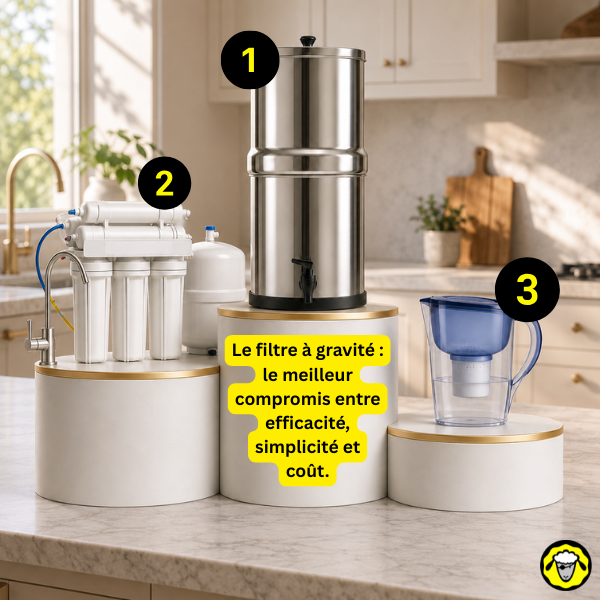 Podium-filtre-a-eau-gravite-osmose-carafe Podium comparatif de trois systèmes de filtration d’eau : filtre à gravité en inox classé premier, osmoseur inverse deuxième et carafe filtrante troisième. Le filtre à gravité est présenté comme le meilleur compromis entre efficacité, simplicité et coût.