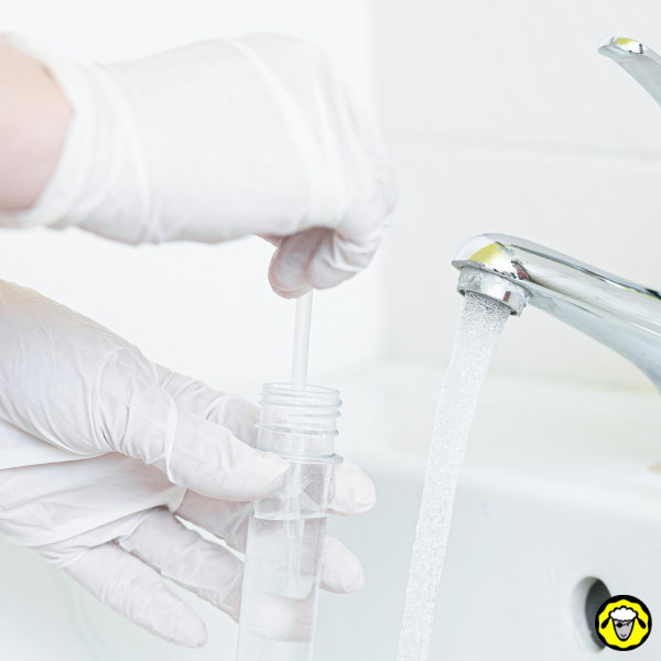 Prélèvement d’eau du robinet dans un tube à essai Mains gantées prélevant de l’eau du robinet dans un tube à essai près d’un robinet ouvert