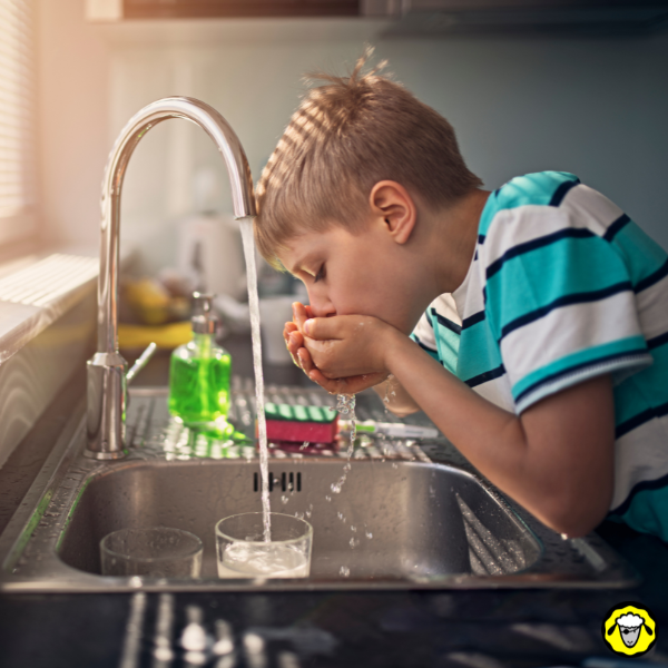 Enfant buvant de l’eau au robinet dans une cuisine Un enfant boit de l’eau au robinet dans une cuisine