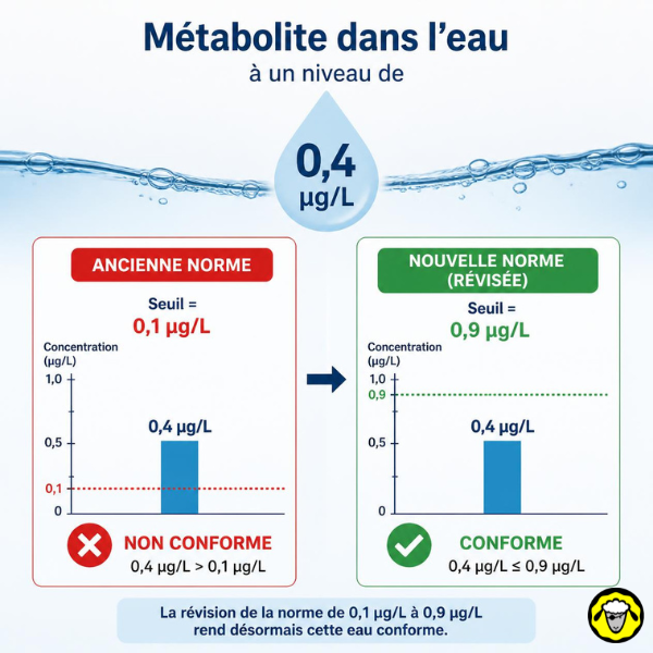 Infographie sur le changement de seuil pour un métabolite dans l’eau Infographie comparant un métabolite dans l’eau à 0,4 µg/L avec ancienne et nouvelle norme