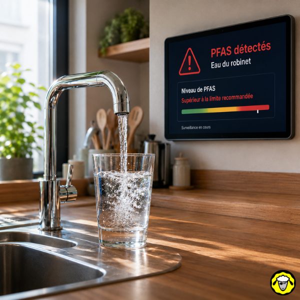 Verre rempli au robinet avec alerte PFAS détectés Un verre d’eau se remplit au robinet dans une cuisine avec un écran indiquant PFAS détectés dans l’eau du robinet