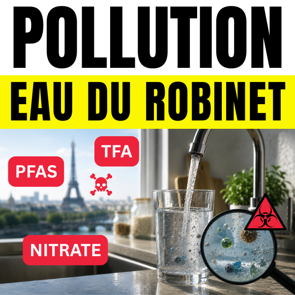 Pollution de l’eau du robinet avec PFAS, TFA et nitrate Affiche sur la pollution de l’eau du robinet avec des mots PFAS, TFA et nitrate et un verre sous un robinet