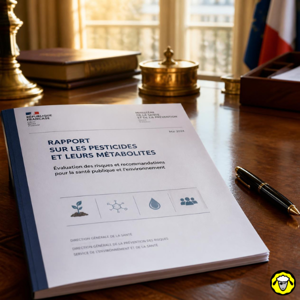 Rapport sur les pesticides et leurs métabolites sur un bureau Rapport officiel sur les pesticides et leurs métabolites posé sur un bureau en bois