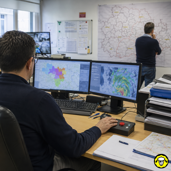 centre-gestion-crise-declenchement-fr-alert Centre de gestion de crise surveillant un événement météorologique avant le déclenchement d’une alerte FR-Alert