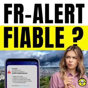 Téléphone affichant une alerte FR-Alert face à une ville menacée par un événement majeur