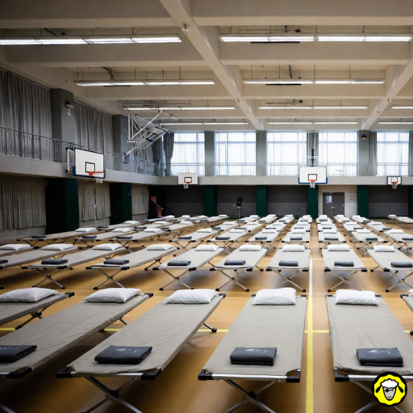 Gymnase aménagé avec des lits de camp alignés Gymnase avec rangées de lits de camp alignés sous des paniers de basket