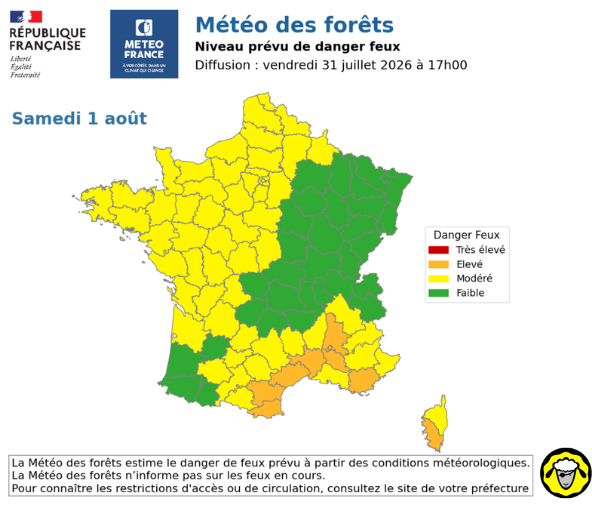 Carte Météo des forêts du danger de feux en France Carte de France de Météo-France indiquant le niveau prévu de danger de feux pour samedi 1 août