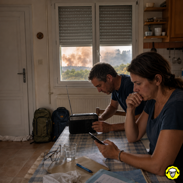 Deux personnes suivent un feu de forêt depuis leur cuisine Deux personnes consultent un téléphone et une radio dans une cuisine, avec de la fumée visible dehors par la fenêtre.
