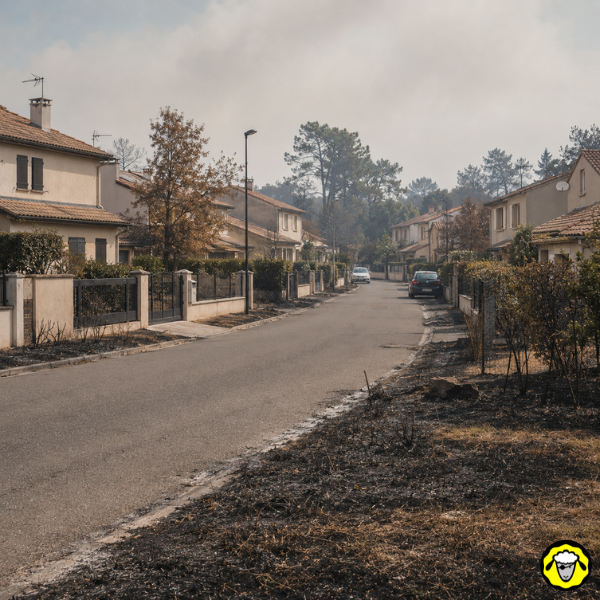 Rue résidentielle après un feu de forêt en France Rue résidentielle bordée de maisons et de végétation noircies par un feu de forêt en France